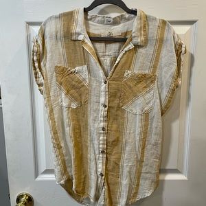 Cute Oversized Striped Linen Button-Up Shirt (Womens Small)